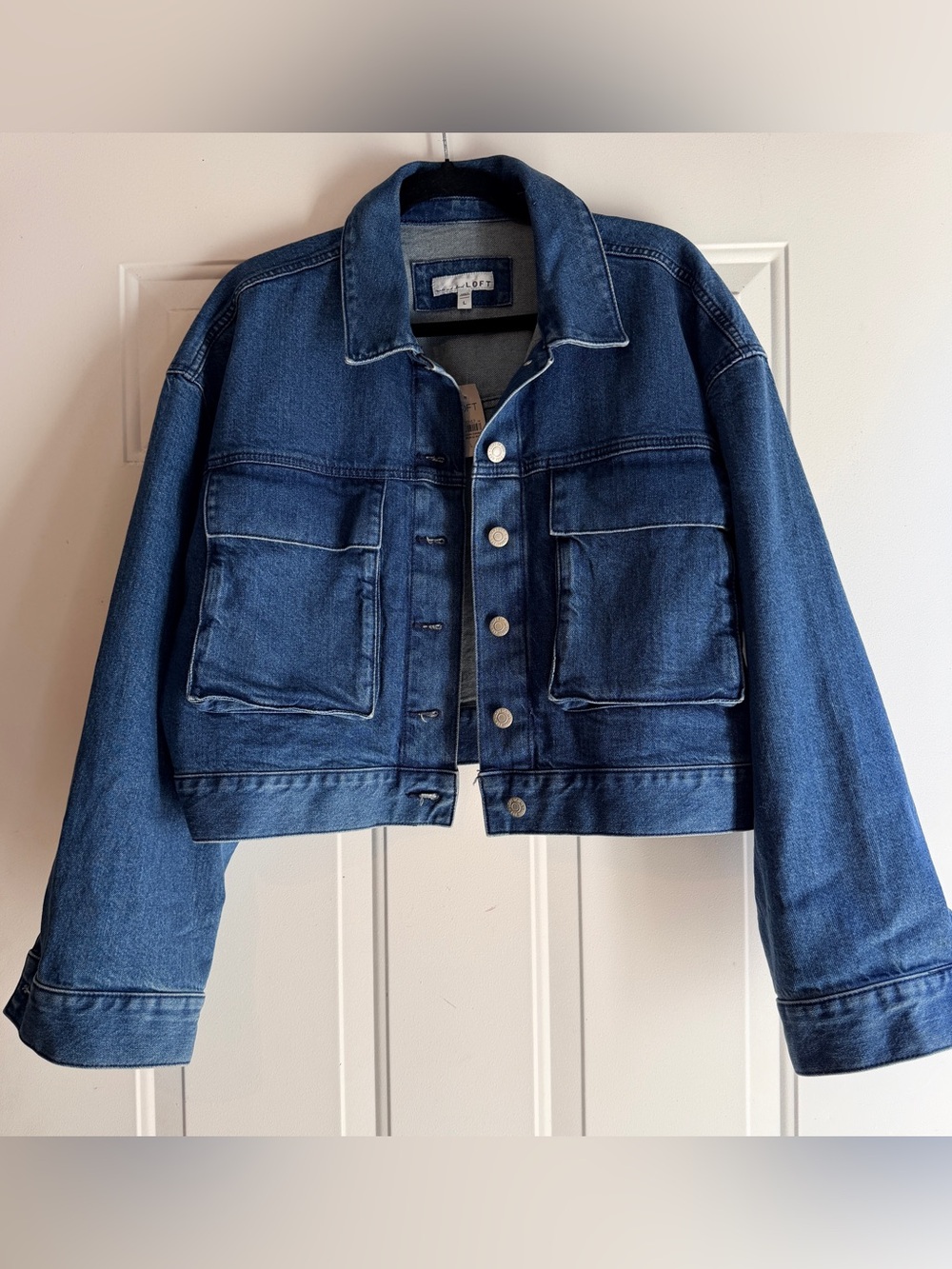 LOFT cropped denim jacket oversized pockets NWT size Large
